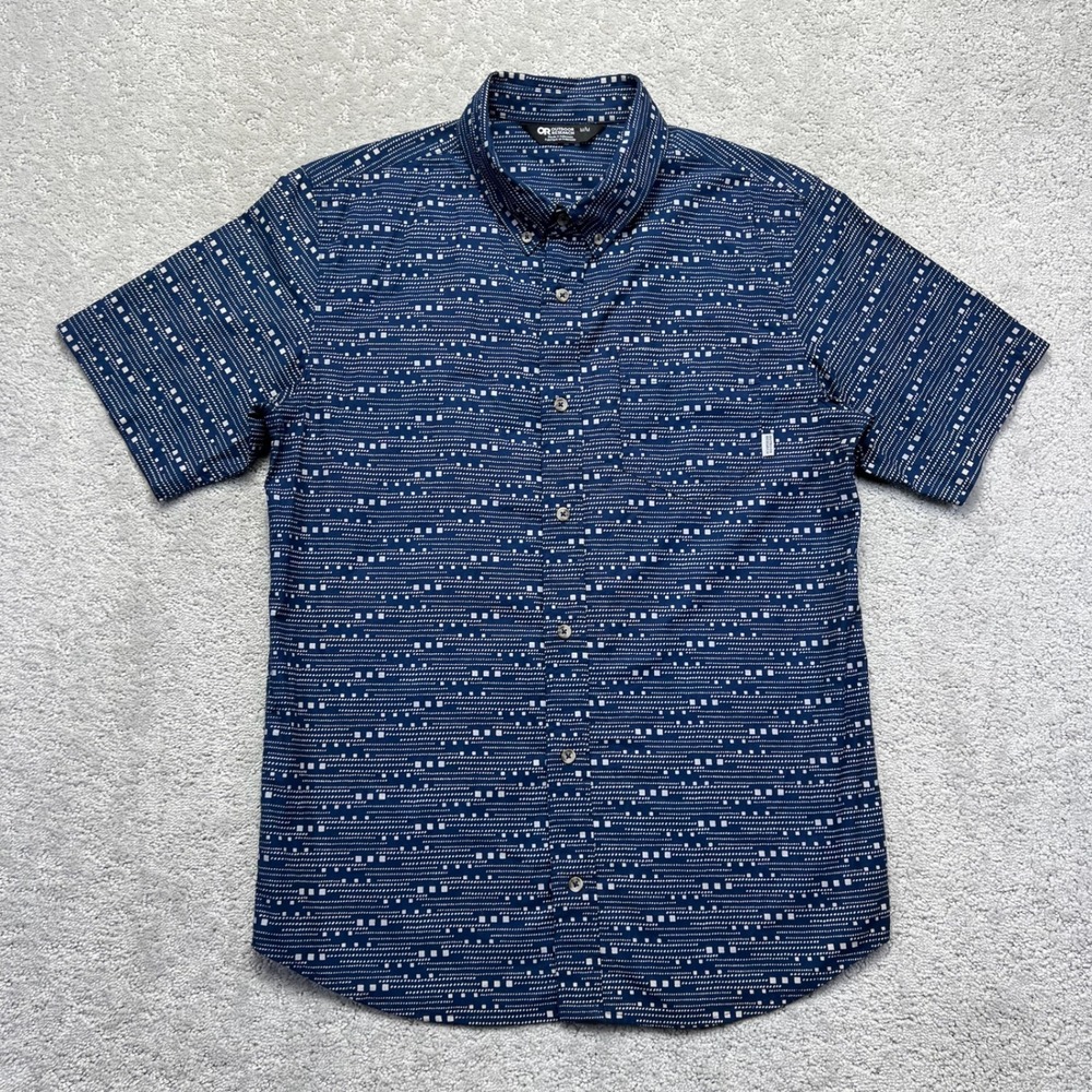 Outdoor Research Shirt Mens M Blue Geometric Short Sleeve Button Down Rooftop